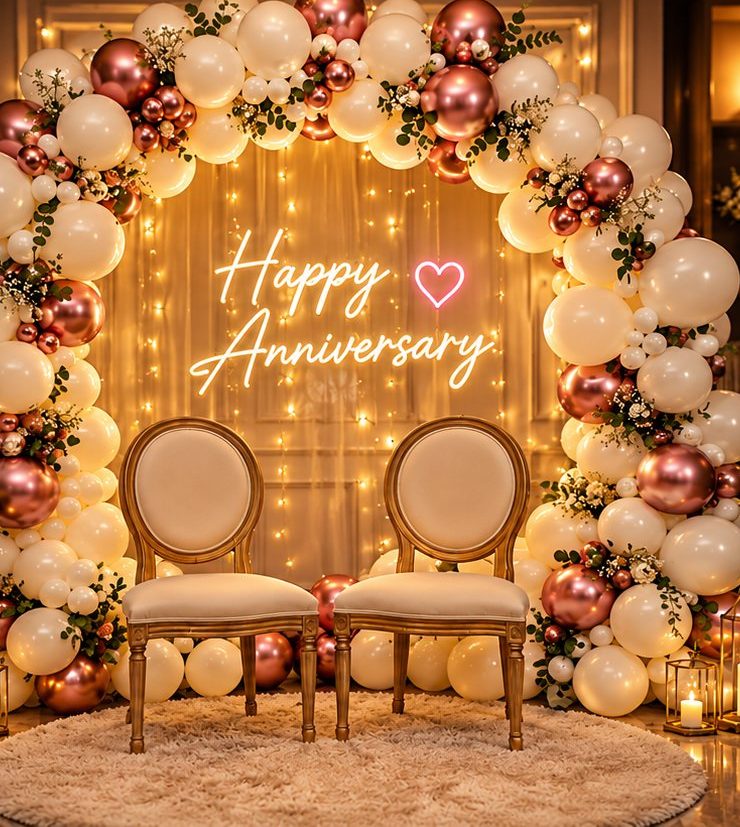 Anniversary balloon arch with neon sign, florals and candles