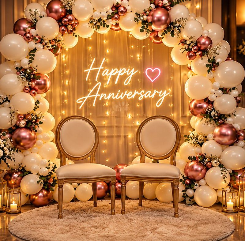 Anniversary balloon arch and neon sign setup for a couple