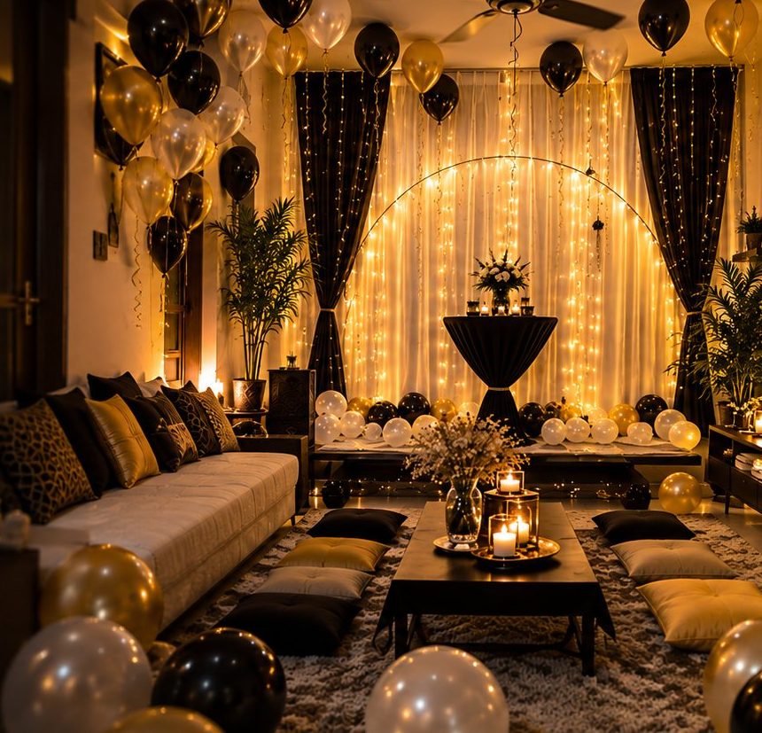 Family party setup at home with golden lights and cushions