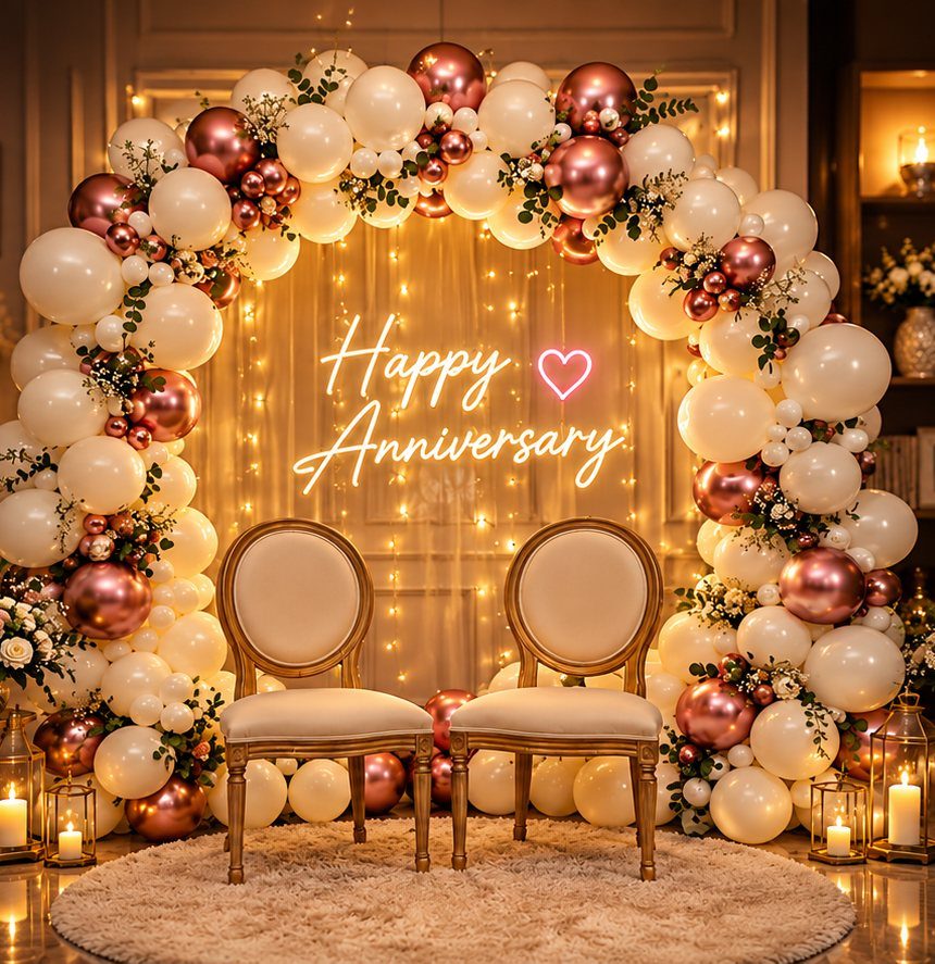 Anniversary decor with a cream and rose-gold balloon arch, neon Happy Anniversary sign and two chairs