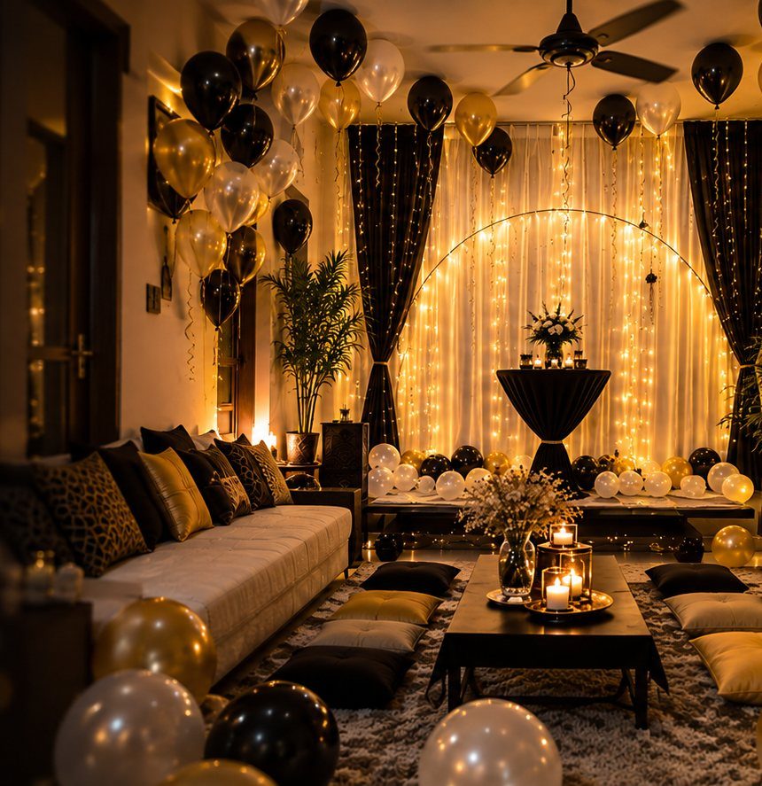 Living room decorated for a family party with balloons, fairy-light curtains and candles