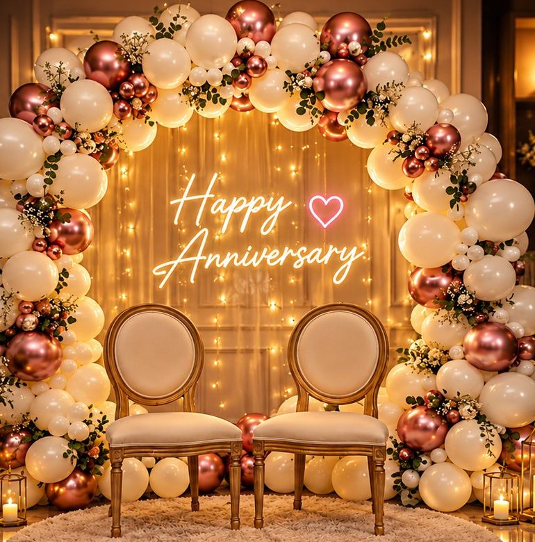 Balloon arch with florals and warm fairy lights for a milestone celebration