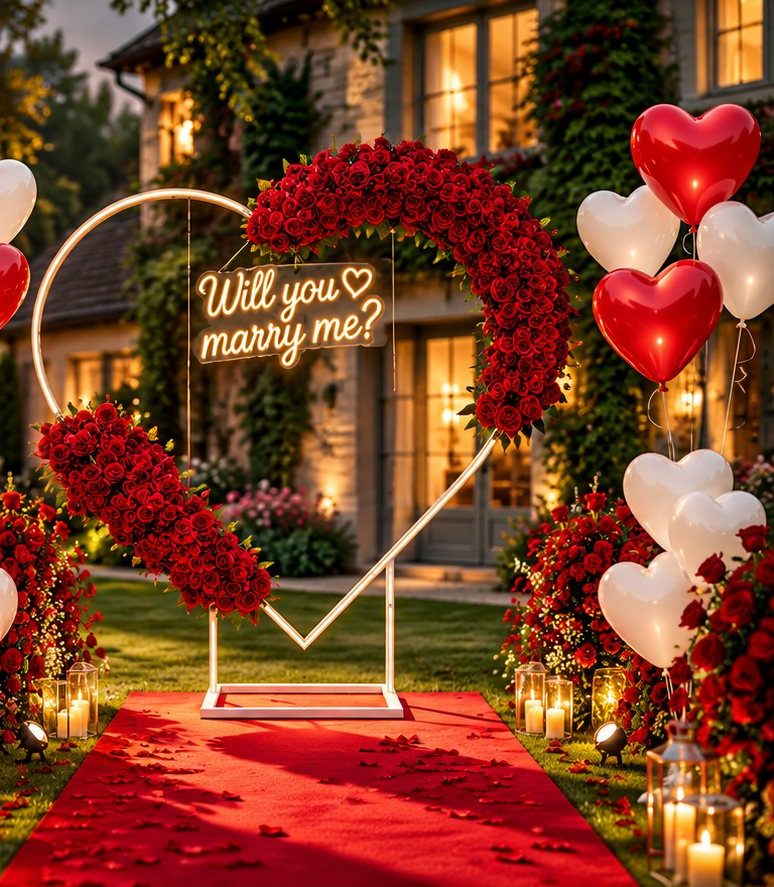 Romantic surprise setup with heart balloons, rose arch and candles