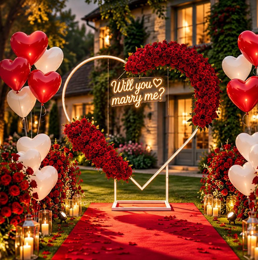 Romantic red theme with roses, heart balloons and candles
