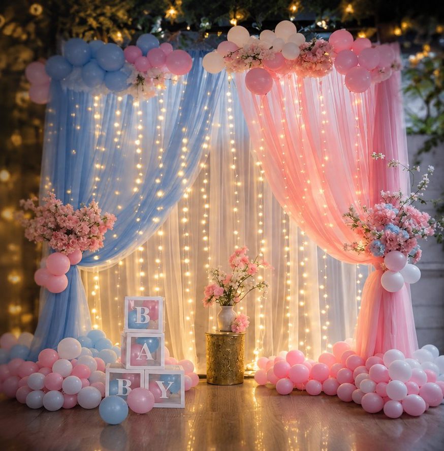 Pastel blue and pink draped backdrop with fairy lights
