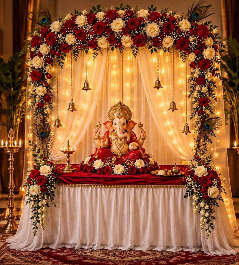 Traditional Indian floral arch with brass lamps and bells