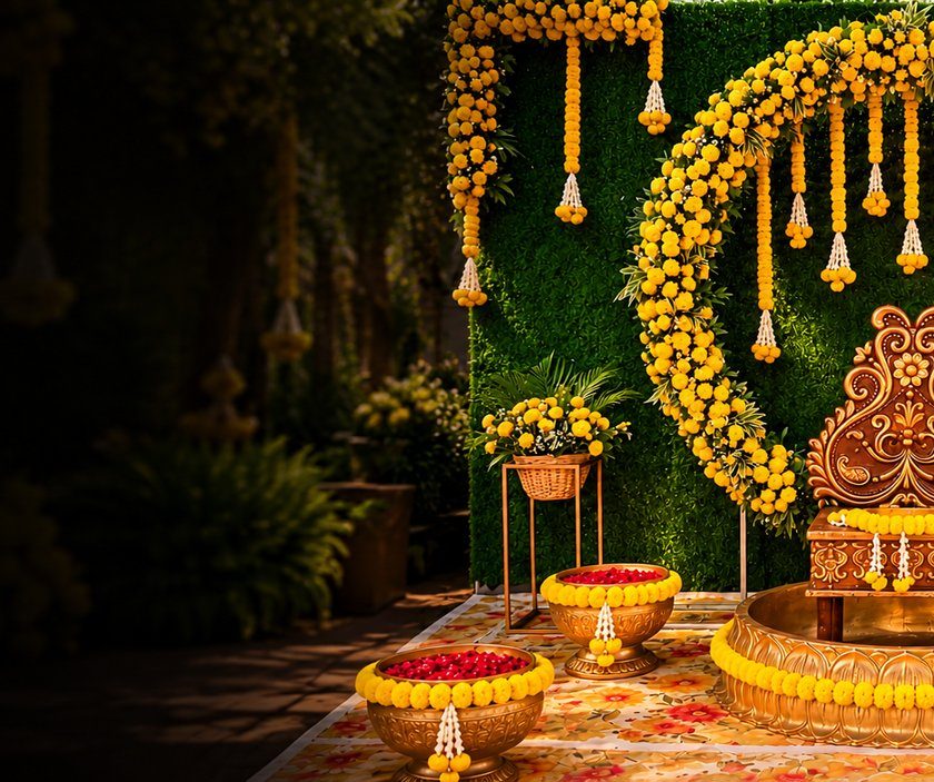 Garden theme with marigold flowers and a green wall backdrop