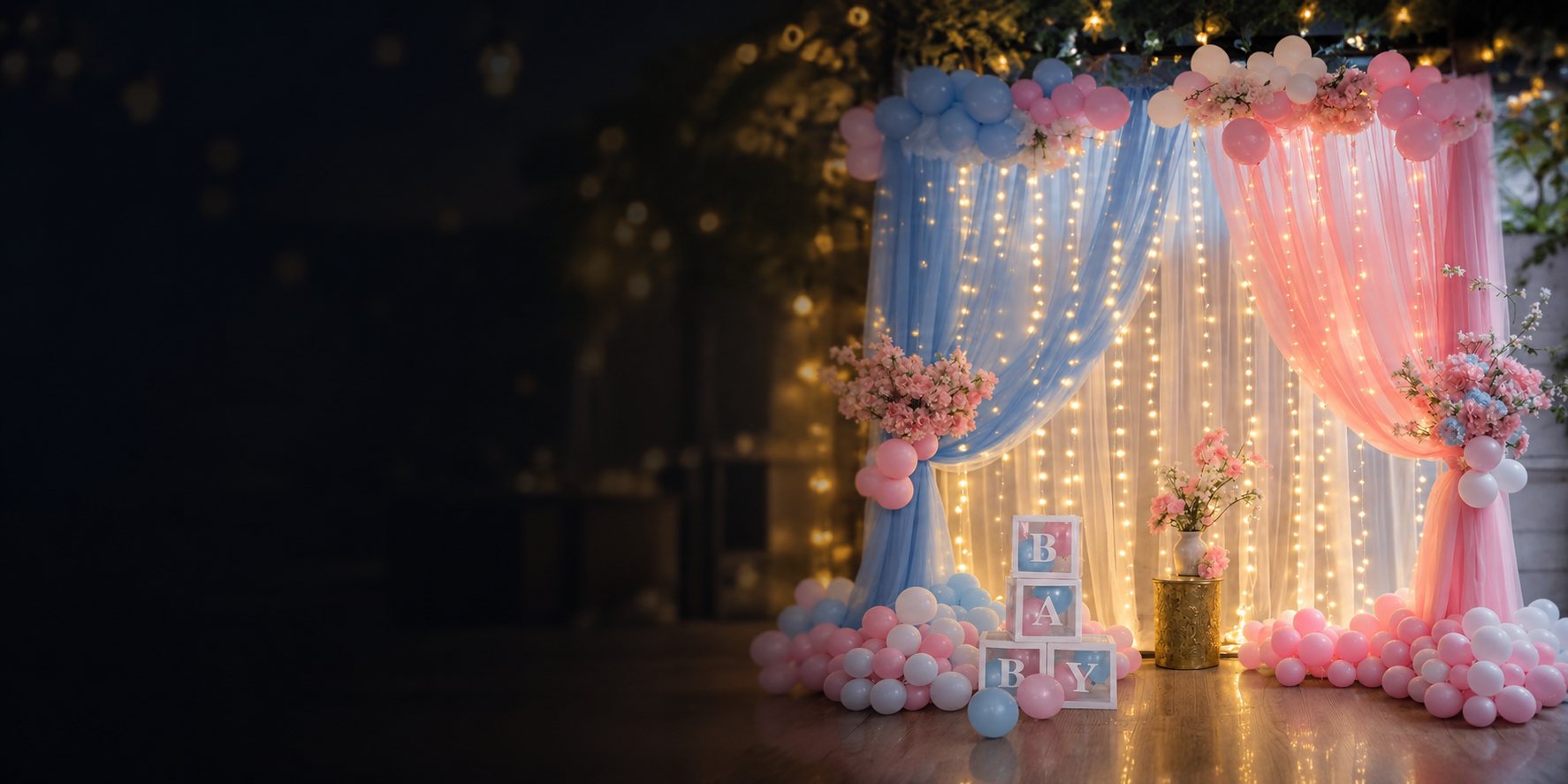 Baby shower decor with blue and pink draped curtains, fairy lights, balloons and BABY letter blocks