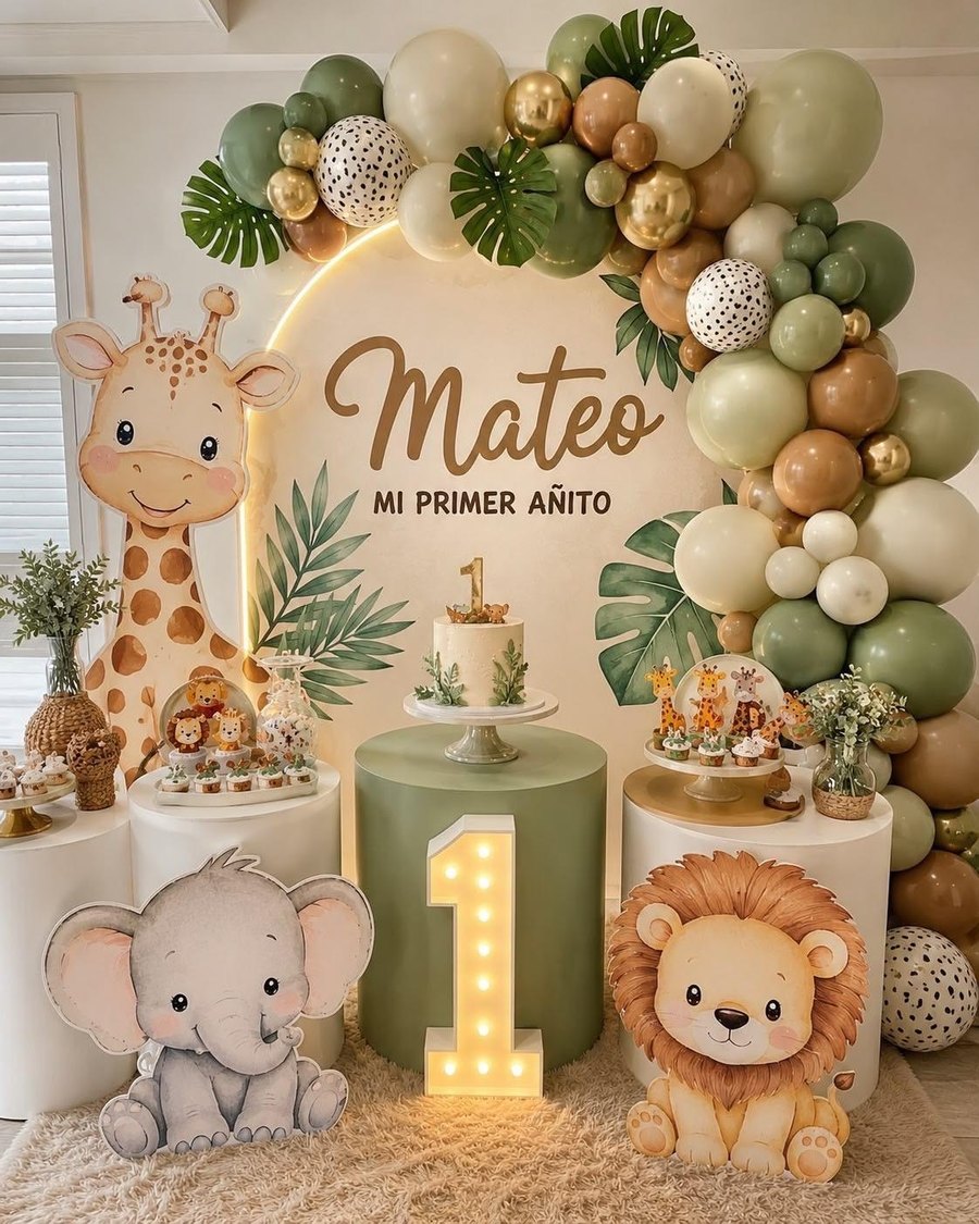 Safari theme first birthday setup with balloon arch, cake and animal cutouts