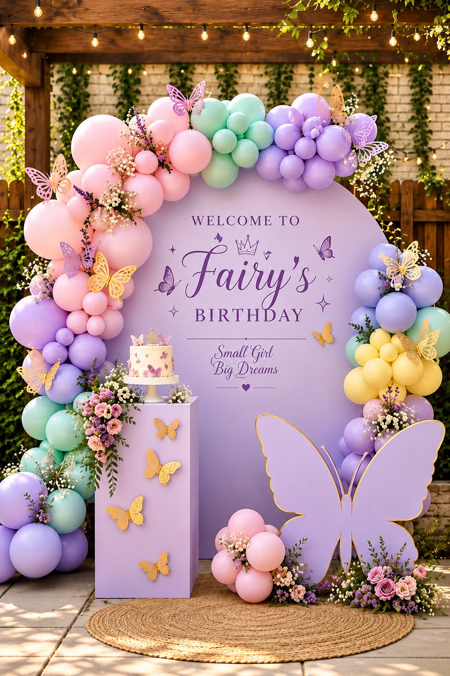 Fairy butterfly theme birthday setup with pastel balloon arch, cake and floral decor