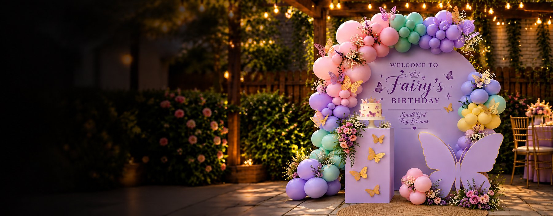 Theme birthday decor with butterflies, balloons and florals