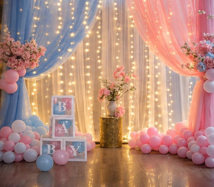 Baby celebration decor with soft balloons and florals