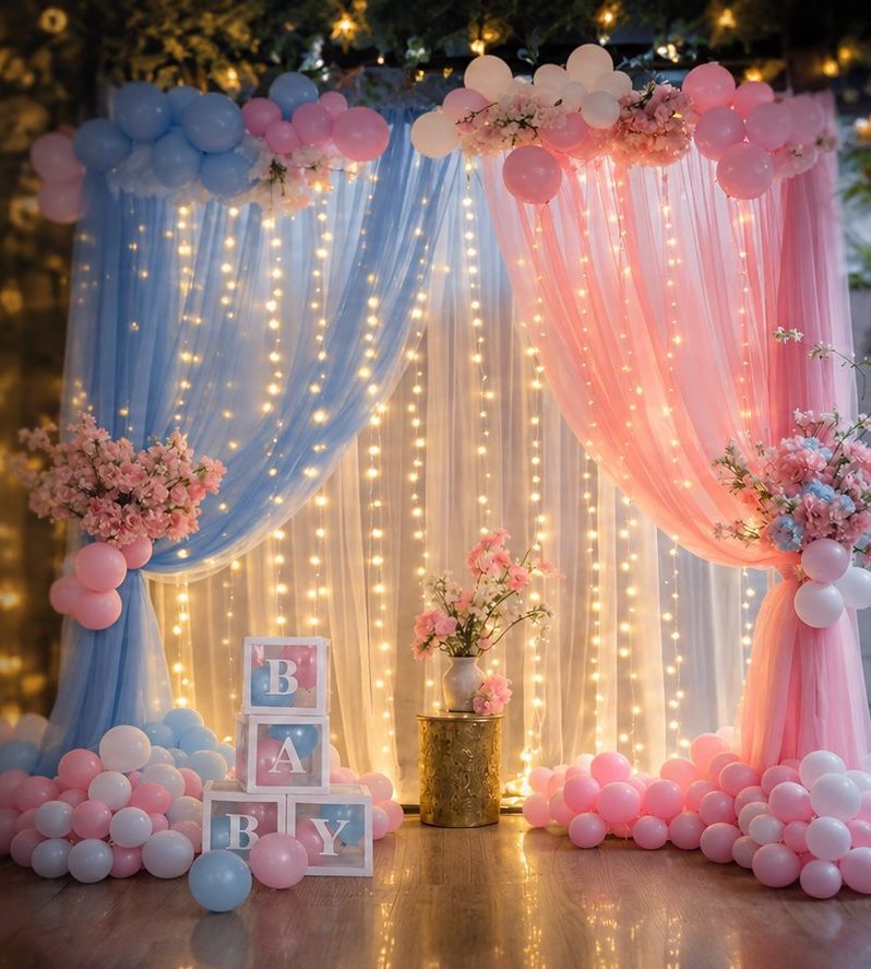 Baby shower decor with pastel curtains, balloons and fairy lights