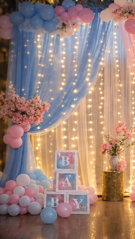 Baby welcome decor with balloons and florals at home