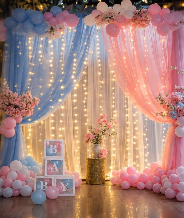 Baby shower balloon decor with BABY letter blocks and curtains