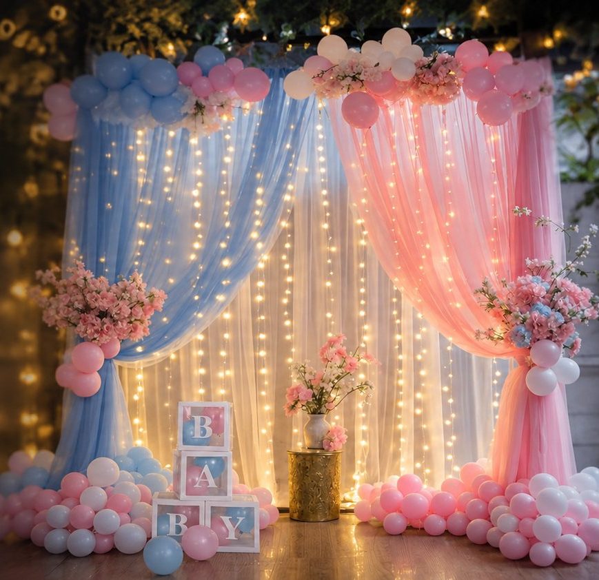 Baby shower setup with balloons and BABY letter blocks