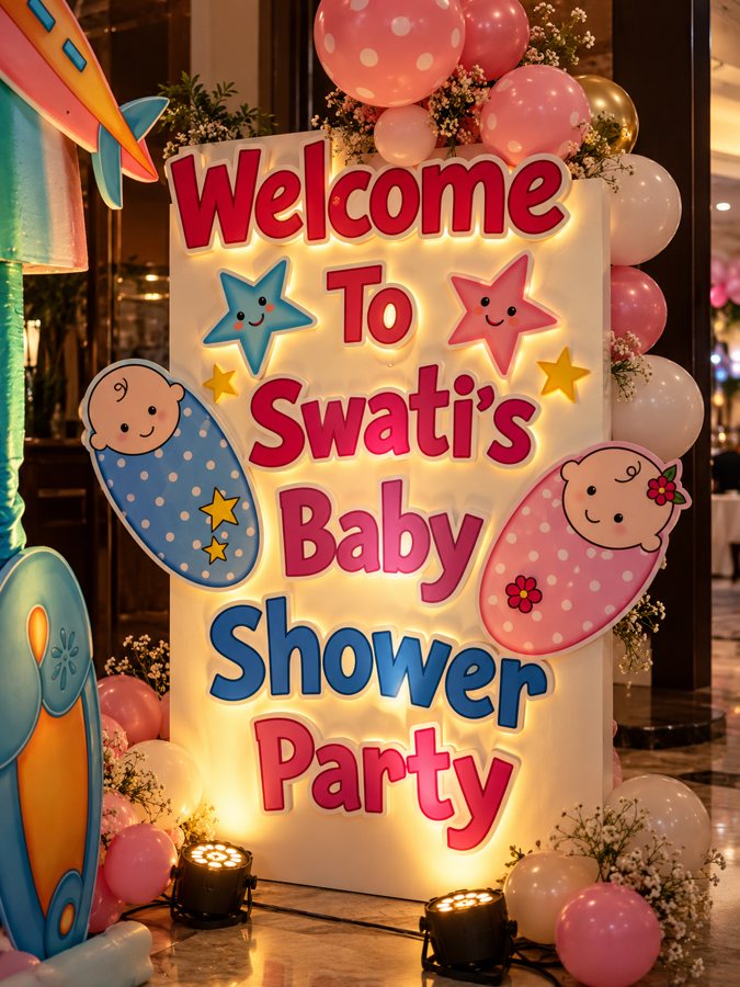 Illuminated welcome board for a baby shower with pink and white balloons and baby-themed cutouts