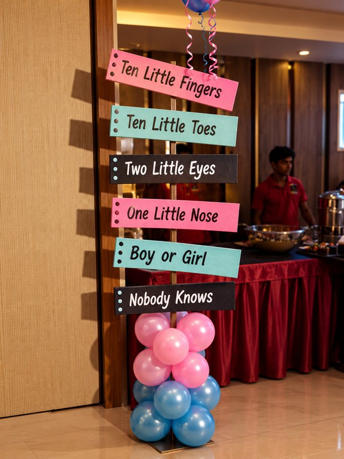 Baby shower entrance signboard with pink, teal and black signs and a pink and blue balloon stand