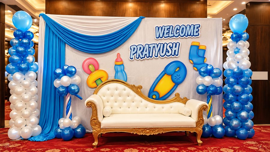 Baby welcome decor with a blue and white balloon pillars, drape backdrop and a golden sofa