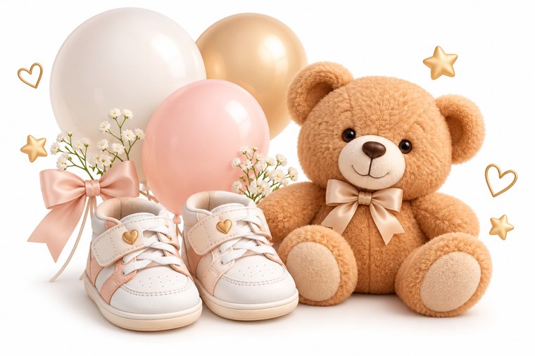Teddy bear, baby shoes and pastel balloons