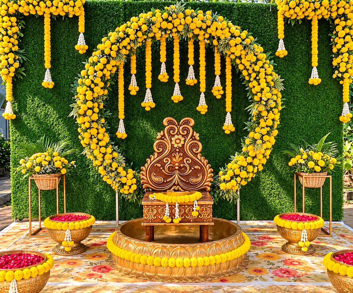 Haldi decor setup with marigold flower arch, green wall backdrop and brass urns with rose petals