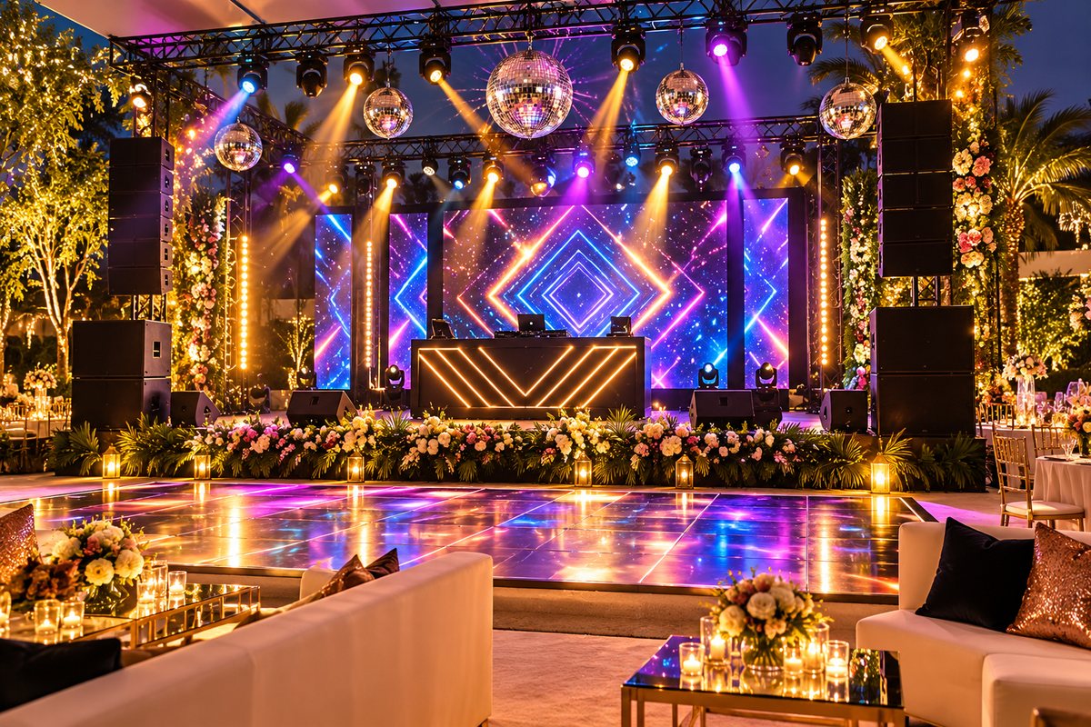 Outdoor party stage with DJ console, LED screen and stage lights