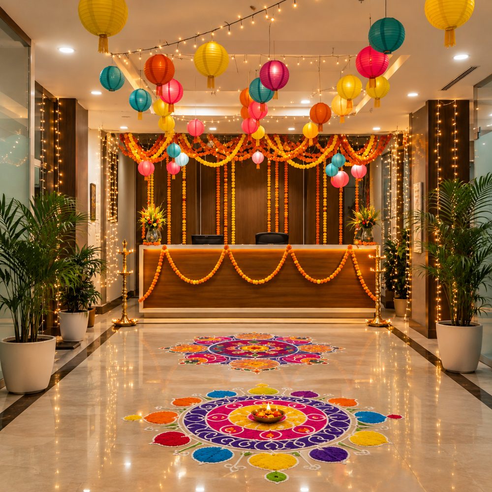 Diwali decor: office reception with paper lanterns, marigold garlands and colourful rangoli