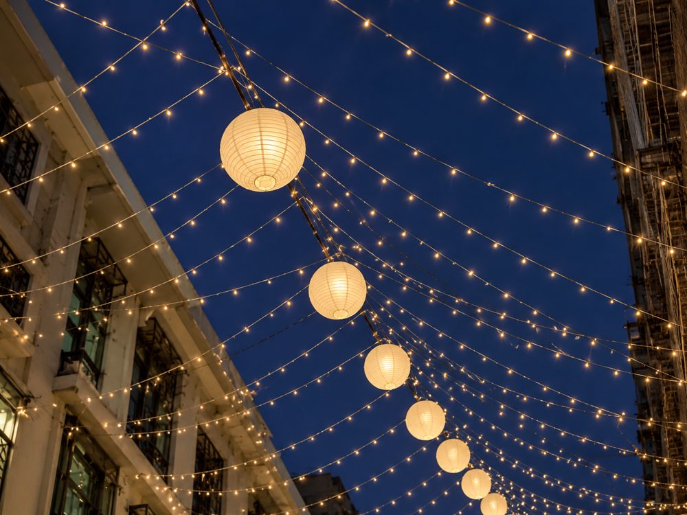 Diwali decor: street canopy of fairy lights and glowing paper lanterns