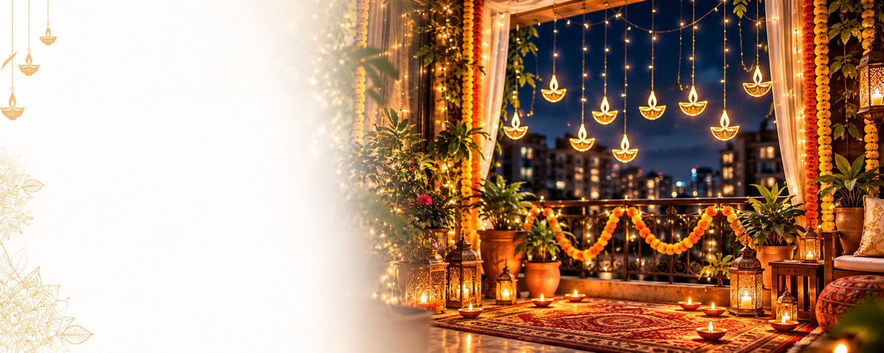 Diwali balcony decor with hanging diya lights, marigold garlands, lanterns, candles and fairy lights