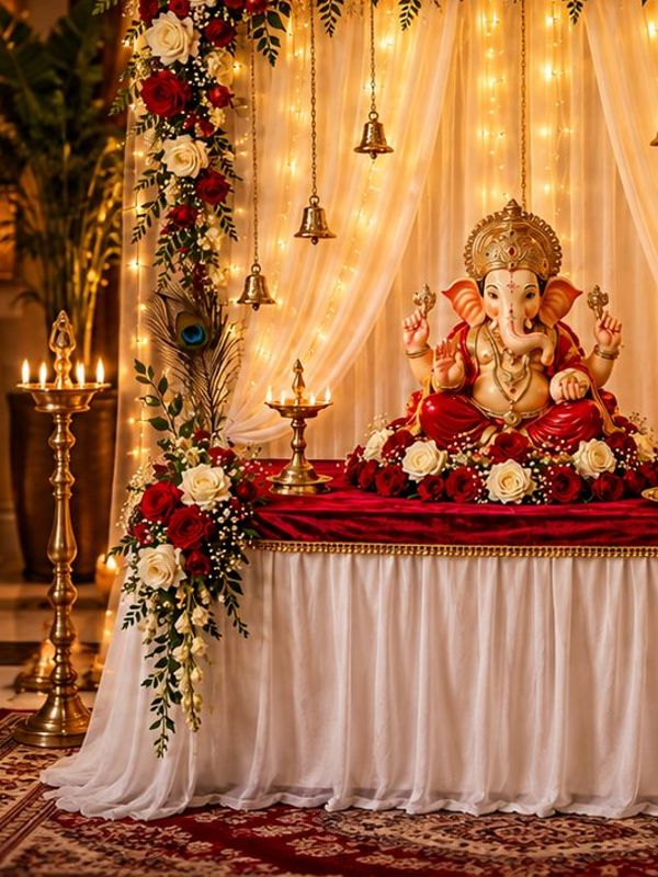 Dussehra decor: warm lights and florals