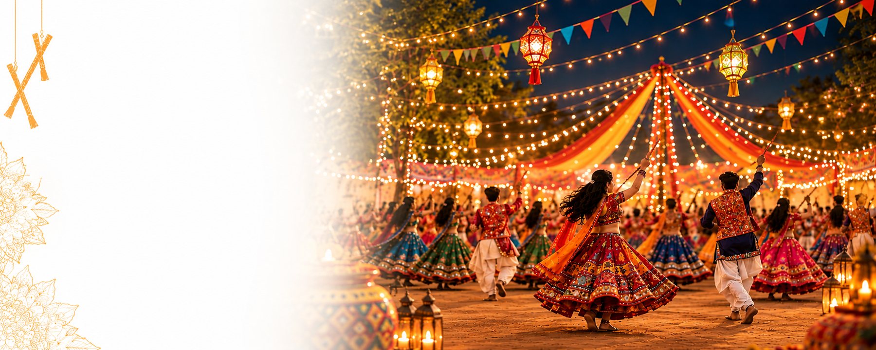 Navratri Garba night with dancers in colourful chaniya choli, fairy lights, lanterns and a decorated festive pavilion