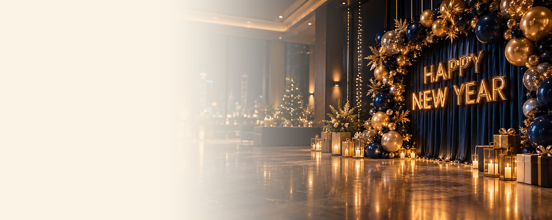 New Year party decor with lights and balloons