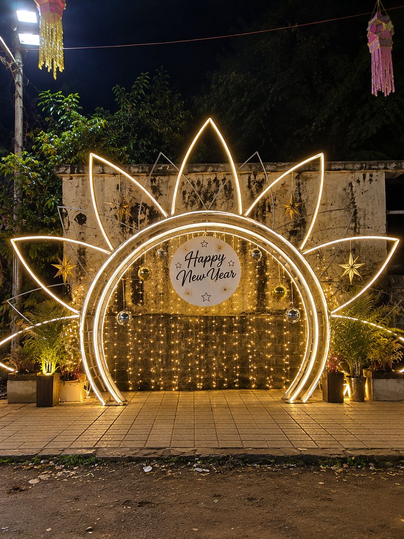 New Year decor: glowing sun-shaped light arch with a Happy New Year board and fairy light curtain