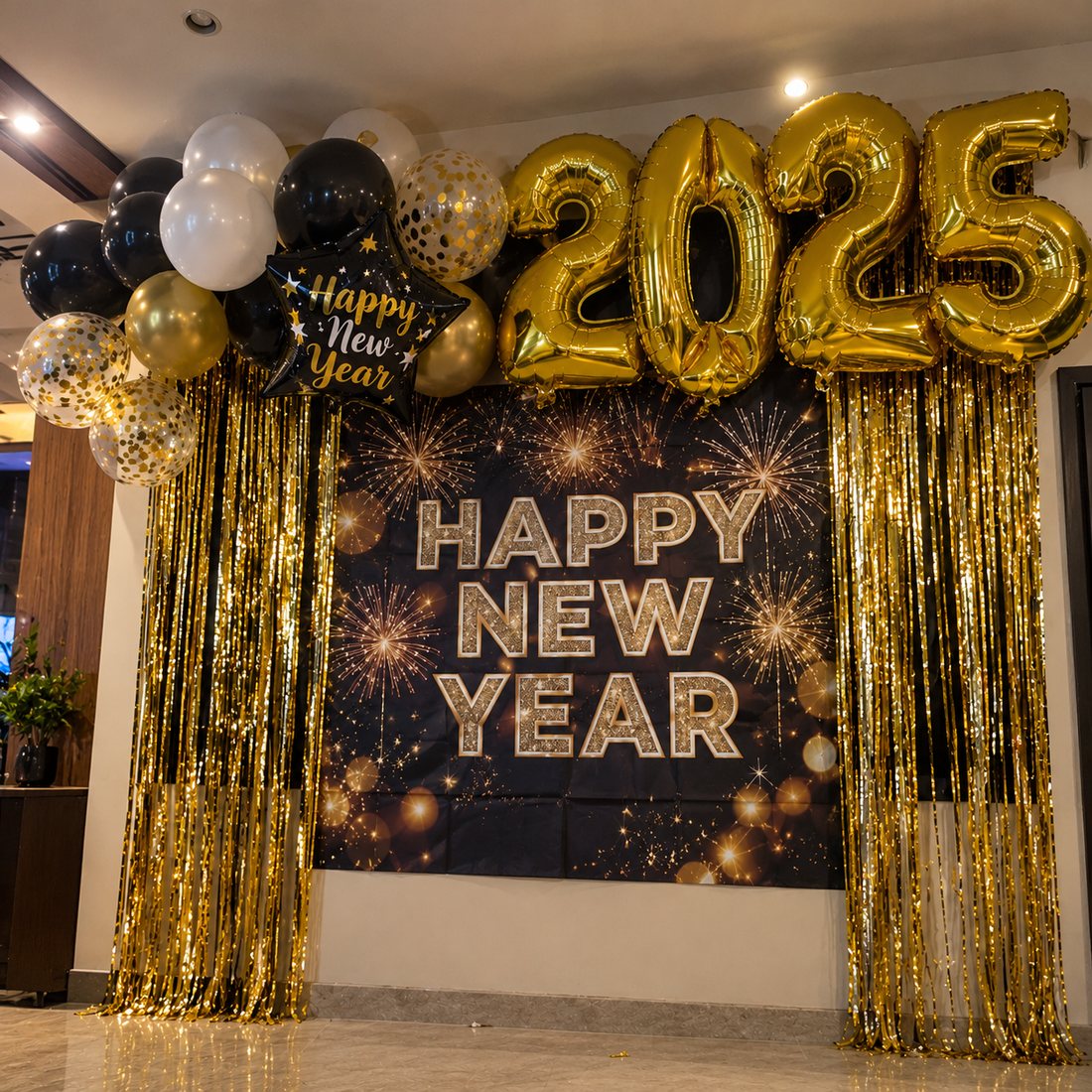 New Year decor: gold 2025 foil balloons, black and gold balloon garland and tinsel curtains with a Happy New Year backdrop