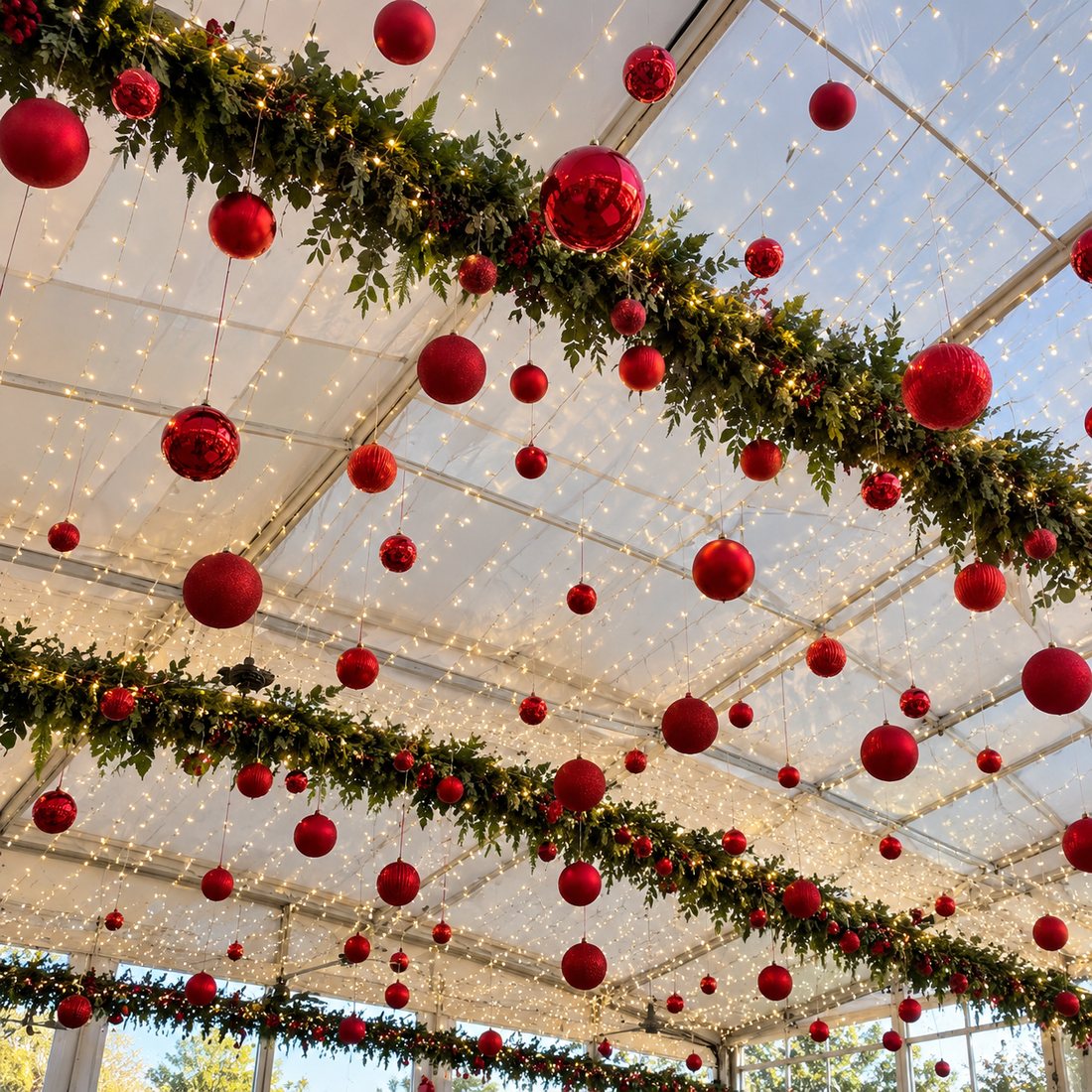 Christmas decor: Christmas decor: ceiling of red baubles, evergreen garlands and fairy lights