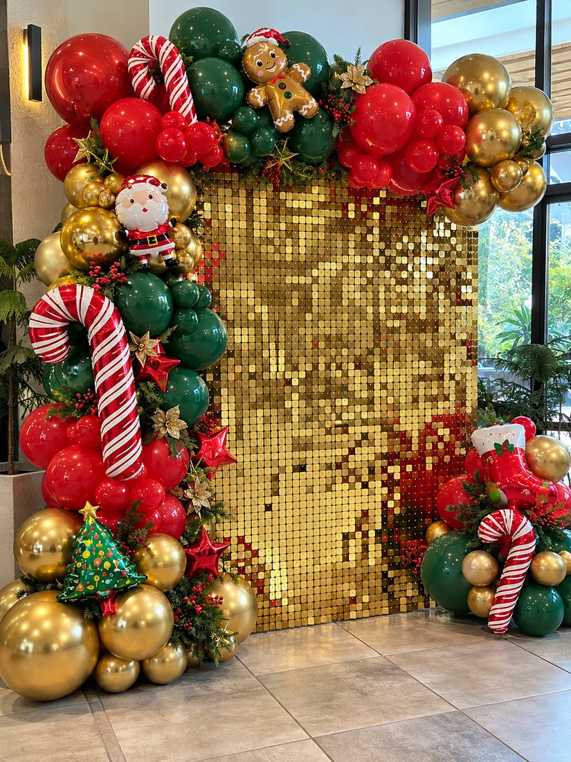 Christmas decor: Christmas decor: red, green and gold balloon garland with a gold sequin wall, candy canes and Santa