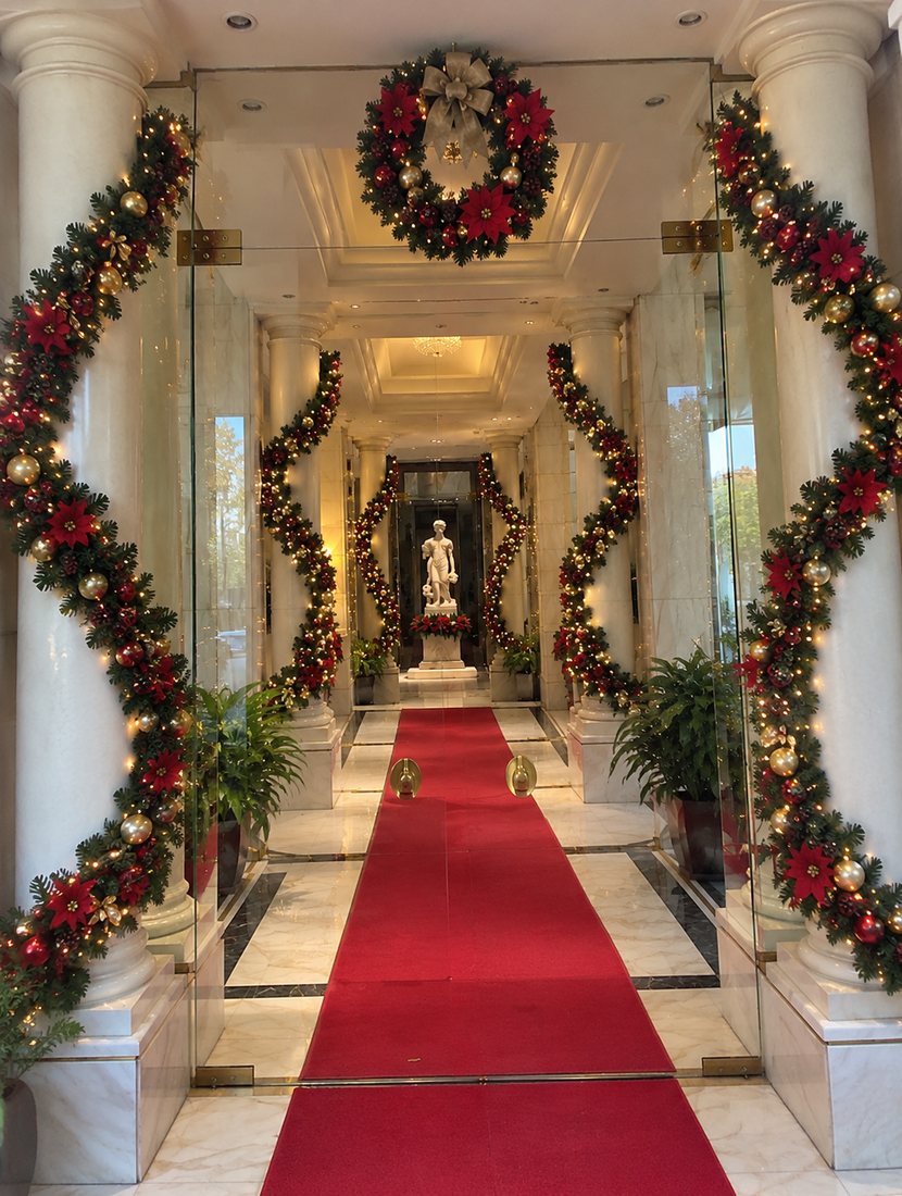 Christmas decor: Christmas decor: entrance columns wrapped in lit garlands, poinsettias and a red carpet