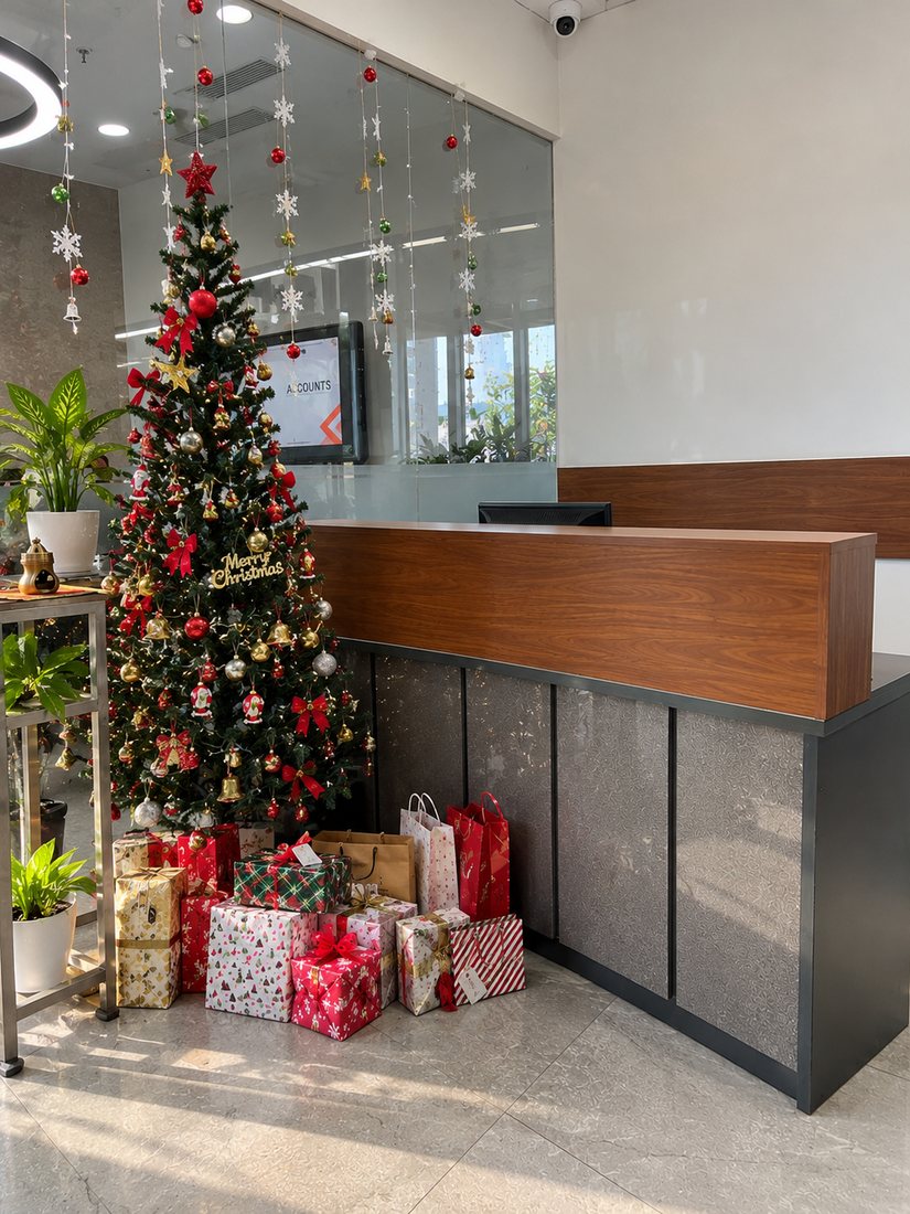 Christmas decor: Christmas decor: Christmas tree with gifts and hanging snowflake ornaments at an office reception