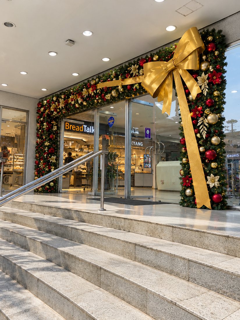 Christmas decor: Christmas decor: shopfront entrance framed with a garland and a giant gold bow