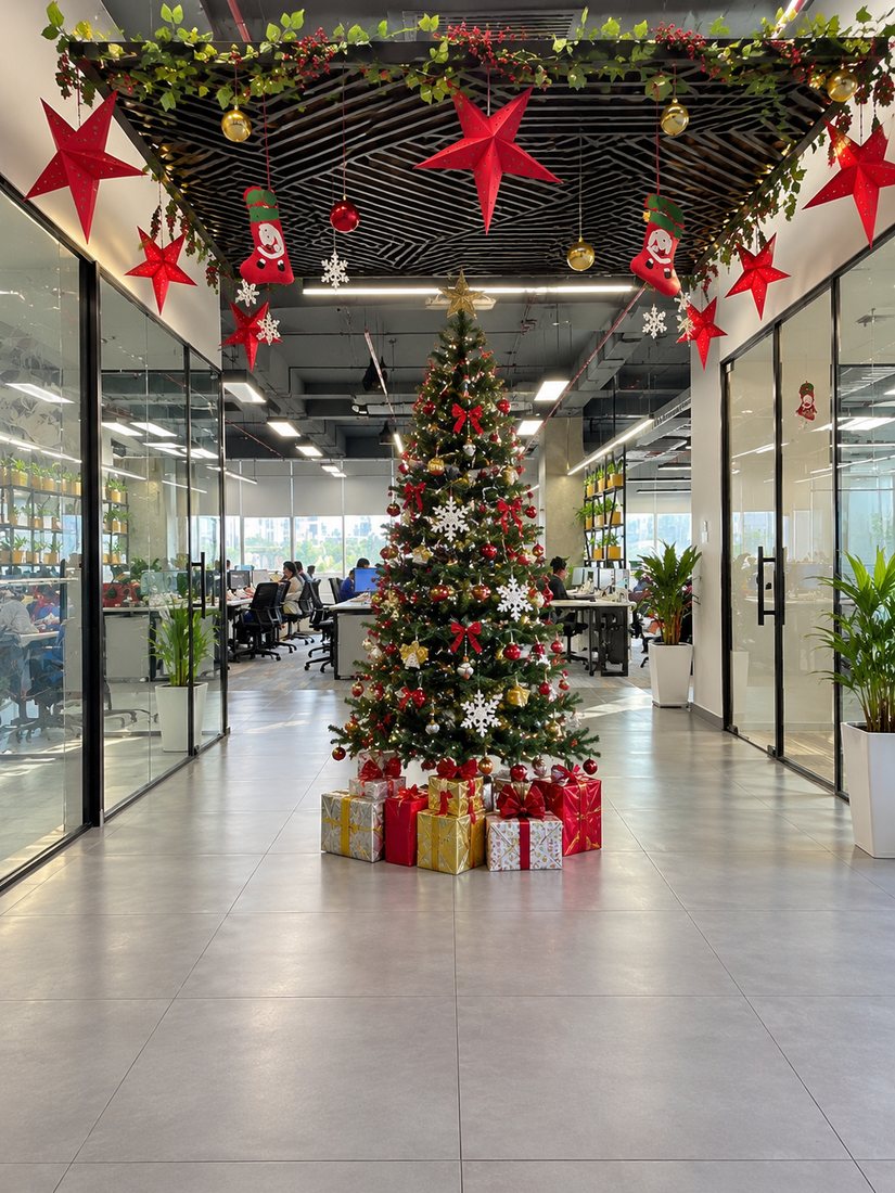 Christmas decor: Christmas decor: office corridor with a decorated Christmas tree, red paper stars and stockings