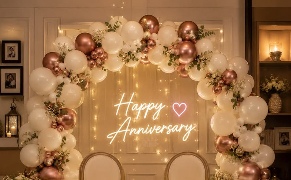 Happy Anniversary neon sign with a white and rose gold balloon arch, fairy lights and two chairs