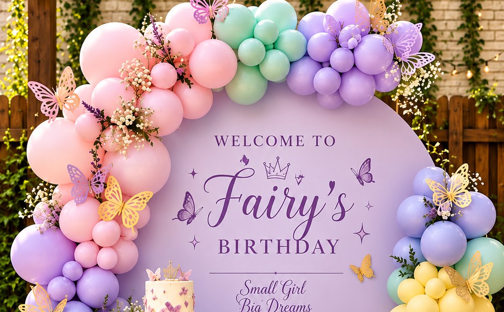 Fairy birthday decor with a pastel balloon arch, butterflies, flowers and a welcome backdrop