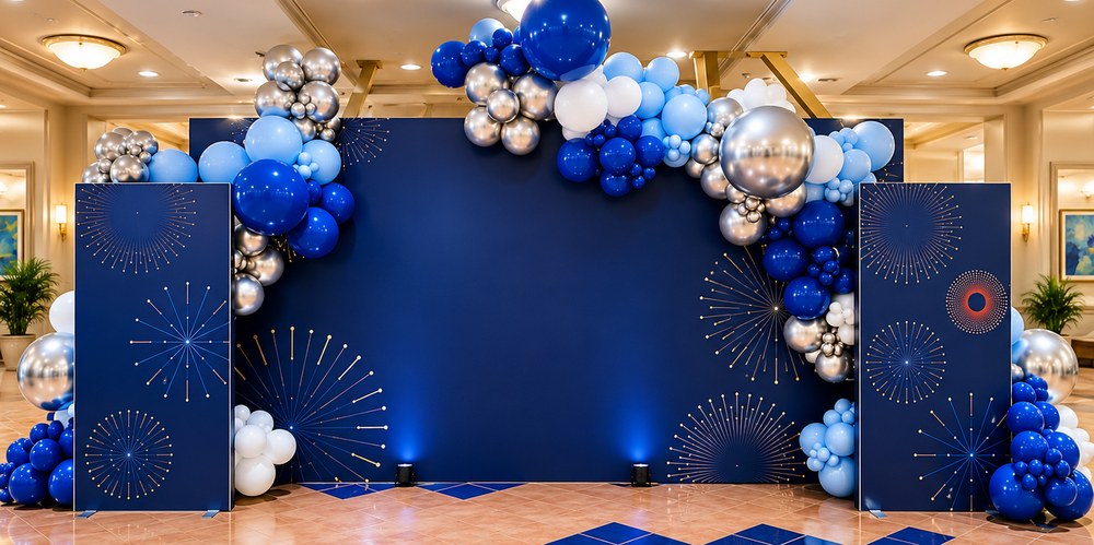 Custom branded backdrop with a blue, silver and white balloon garland and printed side panels in a hotel lobby