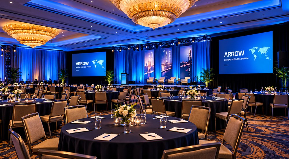 Corporate conference ballroom with blue stage lighting, chandeliers, LED screens and round tables