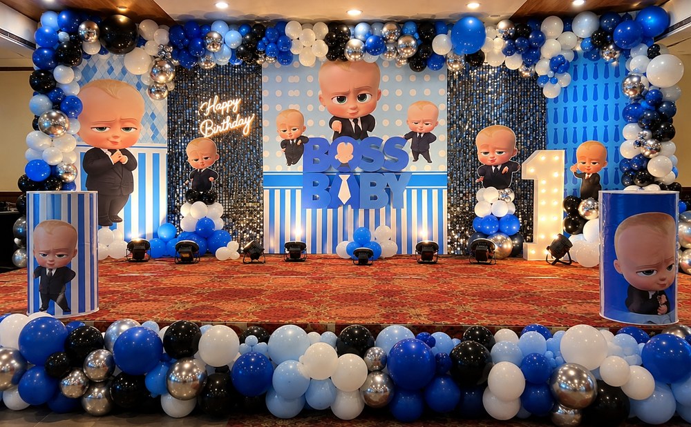 Custom themed birthday stage with a blue, black and silver balloon garland, themed backdrop, cutouts and a lit number one