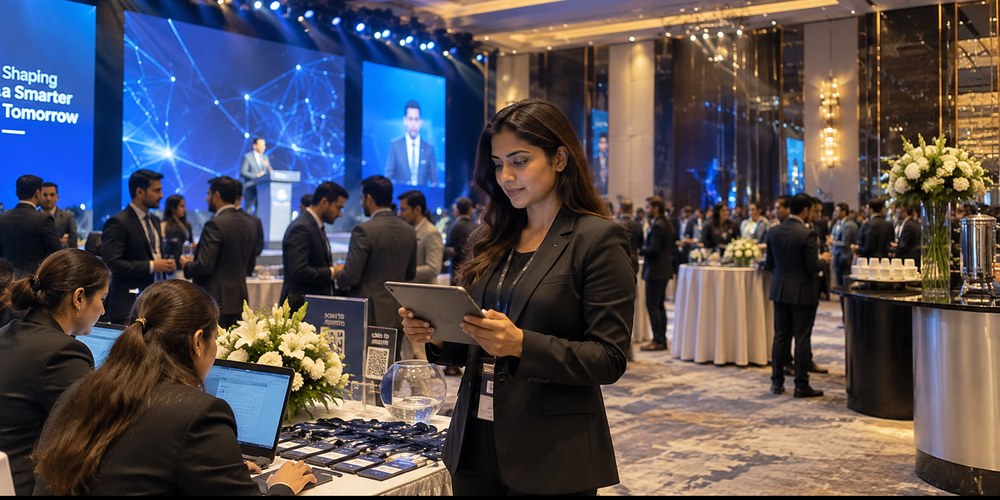 Event management team with a registration desk, on-site coordinator with a tablet and a conference stage in a ballroom