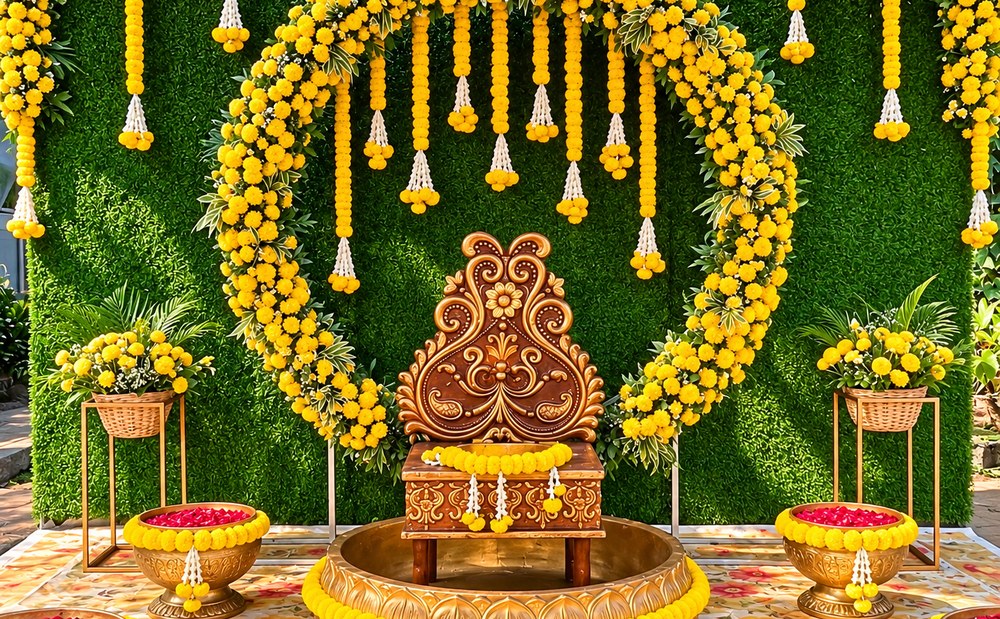 Haldi decor with a marigold ring backdrop, green wall, brass urns and a decorated wooden seat