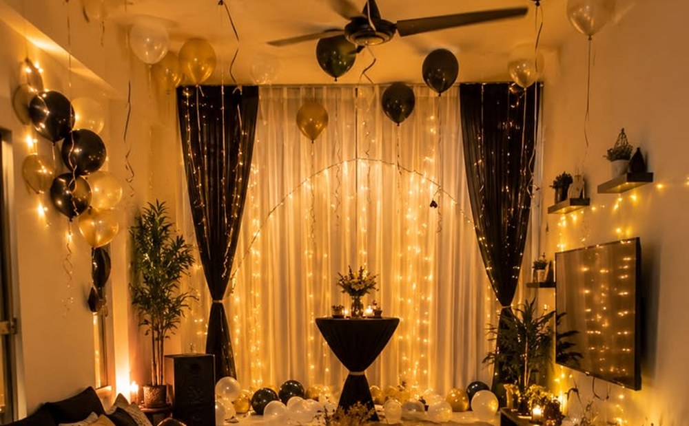 House party decor with black and gold balloons, fairy light curtains, a cocktail table and candles