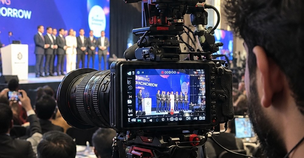 Videographer filming a corporate stage event with a professional cinema camera