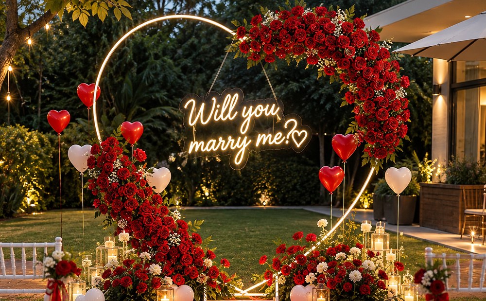 Will you marry me neon sign on a ring arch with red roses, heart balloons and candles for a proposal